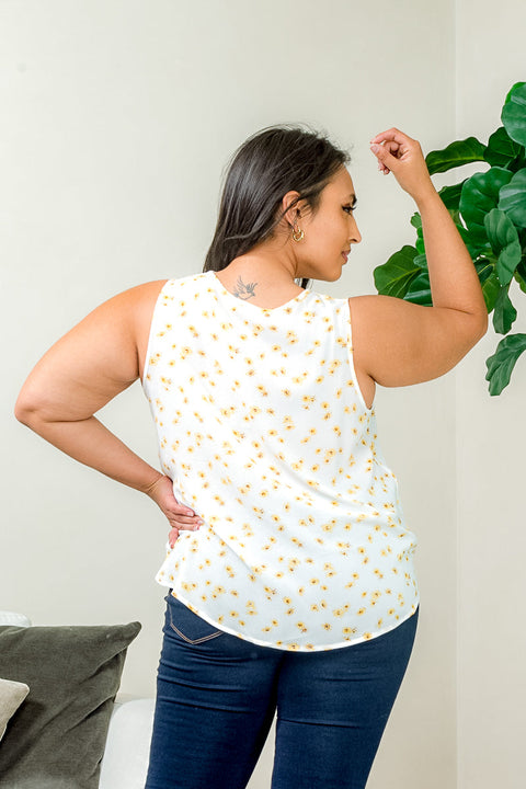 'Summer Sunflower' Floral Print Plus Size Sleeveless Crepe Chiffon Surplice Neck Wrap Top in Ivory (ITX1206-003) - Wholesale Fashion Couture 