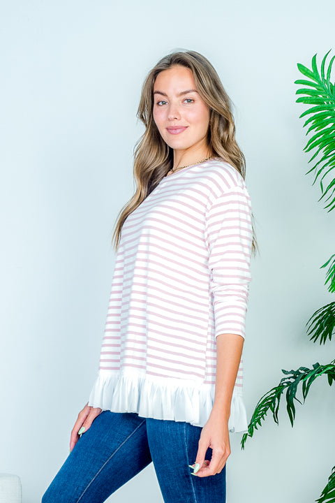 Boat Neck 3/4 Sleeve Striped Tee with White Contrast Box Pleat Ruffle Hem* (HT7859) - Wholesale Fashion Couture 