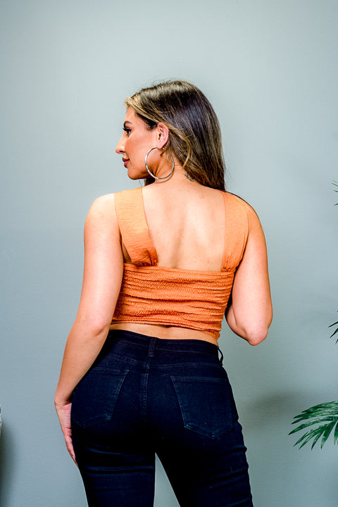 Crepe Satin Ruche & Tie Crop Top with Long Laces in Bronze (LT16898-FCI) - Wholesale Fashion Couture 
