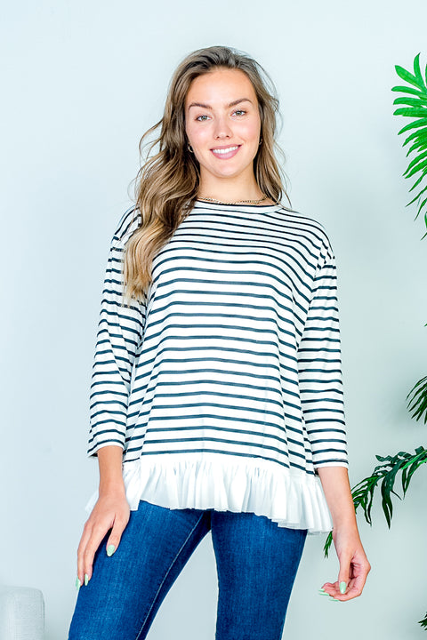 Boat Neck 3/4 Sleeve Striped Tee with White Contrast Box Pleat Ruffle Hem* (HT7859) - Wholesale Fashion Couture 