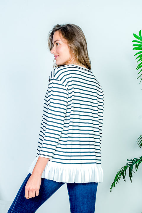 Boat Neck 3/4 Sleeve Striped Tee with White Contrast Box Pleat Ruffle Hem* (HT7859) - Wholesale Fashion Couture 