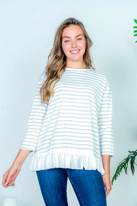 Boat Neck 3/4 Sleeve Striped Tee with White Contrast Box Pleat Ruffle Hem* (HT7859) - Wholesale Fashion Couture 