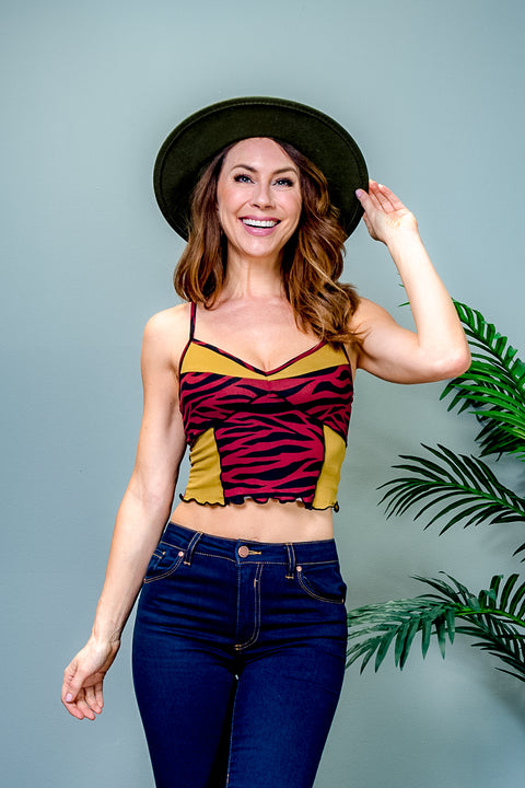 Spaghetti Strap Zebra Print Color Block V Neck Crop Tank Top in Wine & Moss (BT10099) - Wholesale Fashion Couture 