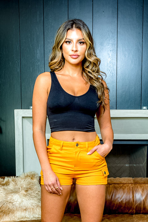 Denim Zip Fly Mini Shorts with Slant and Cropped Patch Pockets at Hem (DC1407) - Wholesale Fashion Couture 