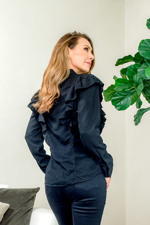 Ruffle Trimmed Long Sleeve Button Down Shirt in Black (SP-J3530BK) - Wholesale Fashion Couture 
