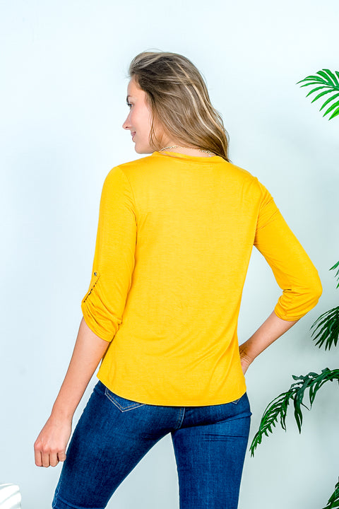 Soft Bamboo 3/4 Rolled Cuff Sleeve V Neck Top with Single Pleat Front in Mustard (HT9201) - Wholesale Fashion Couture 