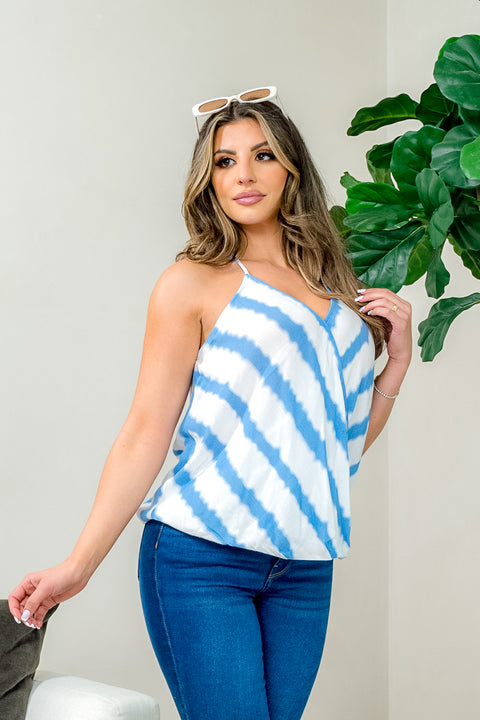 Soft Stripe Spaghetti Strap Surplice Halter V Neck Tank Top in Blue & White (WGW10418) - Wholesale Fashion Couture 
