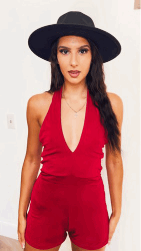 Showstopper Plunge V Neck Halter Mini Shorts Romper with Low Back (RD8000-BL) - Wholesale Fashion Couture 