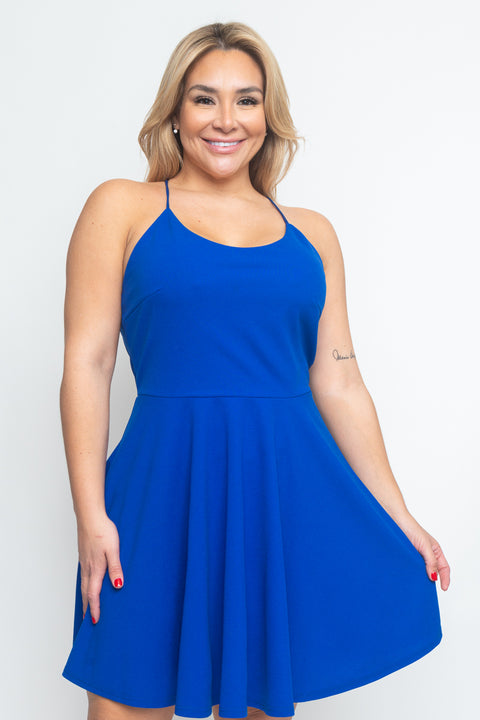 Plus Size Halter Skater Mini Dress with Low Criss Cross Back and Full Lining (CD21144P) - Wholesale Fashion Couture 