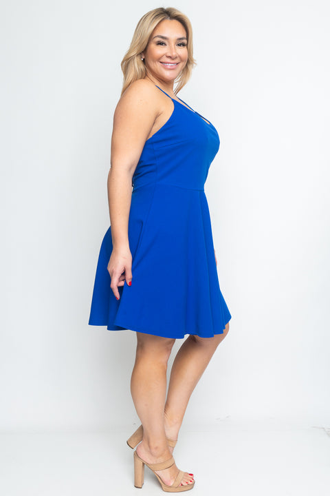Plus Size Halter Skater Mini Dress with Low Criss Cross Back and Full Lining (CD21144P) - Wholesale Fashion Couture 