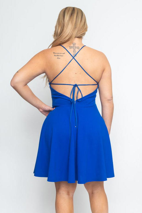 Plus Size Halter Skater Mini Dress with Low Criss Cross Back and Full Lining (CD21144P) - Wholesale Fashion Couture 