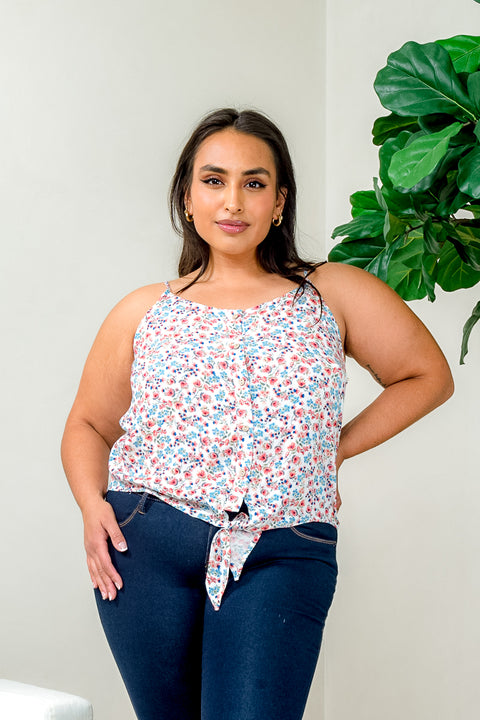 Plus Size 'Miss Daisy' Floral Print Spaghetti Strap Button Down Tank Top with Tied Front (ZB10275F1) - Wholesale Fashion Couture 