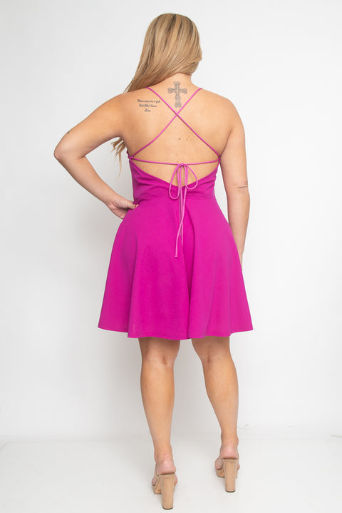 Plus Size Halter Skater Mini Dress with Low Criss Cross Back and Full Lining (CD21144P) - Wholesale Fashion Couture 