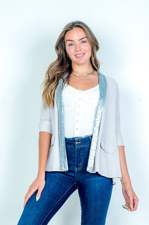 3/4 Sleeve Blazer with Sequin Collar, Faux Flap Pockets and Split Back (LUX10471) - Wholesale Fashion Couture 