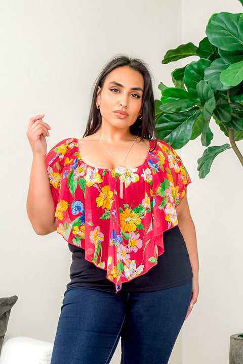 Plus Size Dual Layered Top with Asymmetrical Floral Print Mesh Drape and Slimming Black Contrast Tank with Necklace (ZA4167MIX) - Wholesale Fashion Couture 