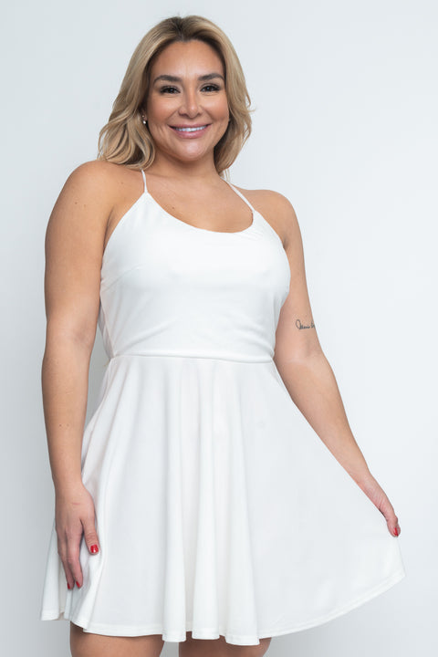 Plus Size Halter Skater Mini Dress with Low Criss Cross Back and Full Lining (CD21144P) - Wholesale Fashion Couture 