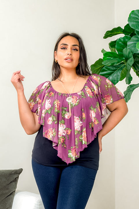Plus Size Dual Layered Top with Asymmetrical Floral Print Mesh Drape and Slimming Black Contrast Tank with Necklace (ZA4167MIX) - Wholesale Fashion Couture 