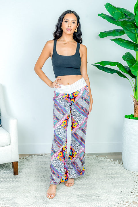 Boho Beauty Multi Color Asymmetrical Stripe Flare Pants (V220W-A085P) - Wholesale Fashion Couture 