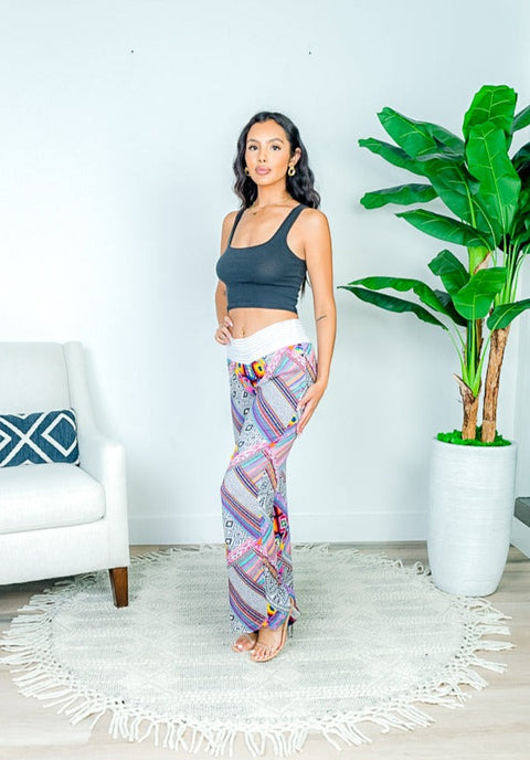Boho Beauty Multi Color Asymmetrical Stripe Flare Pants (V220W-A085P) - Wholesale Fashion Couture 