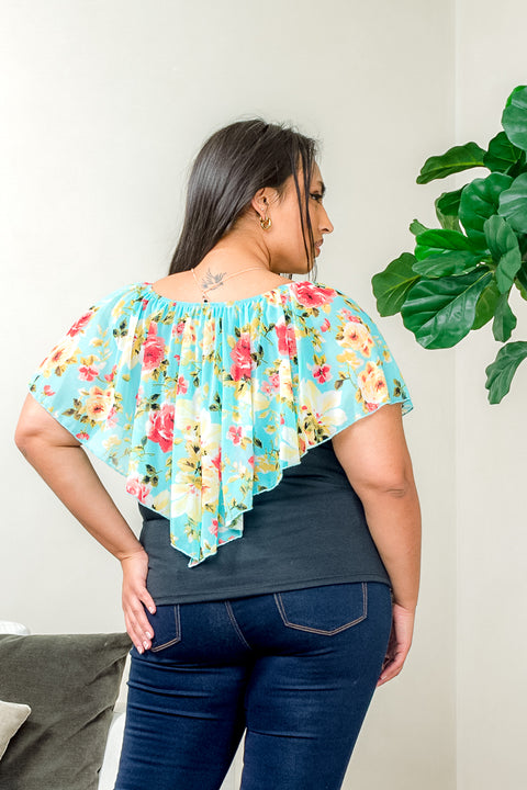 Plus Size Dual Layered Top with Asymmetrical Floral Print Mesh Drape and Slimming Black Contrast Tank with Necklace (ZA4167MIX) - Wholesale Fashion Couture 