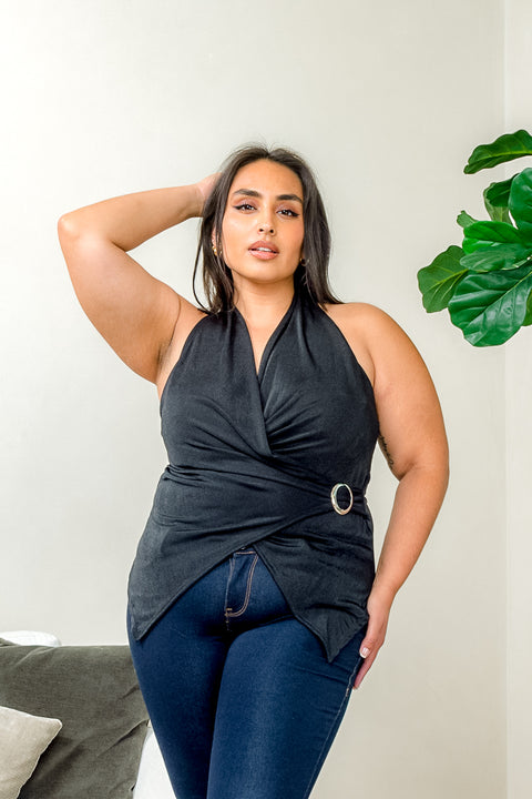 Plus Size Halter V Neck Surplice Wrap Top with Silver Metal O Ring Accent (ZA4434) - Wholesale Fashion Couture 