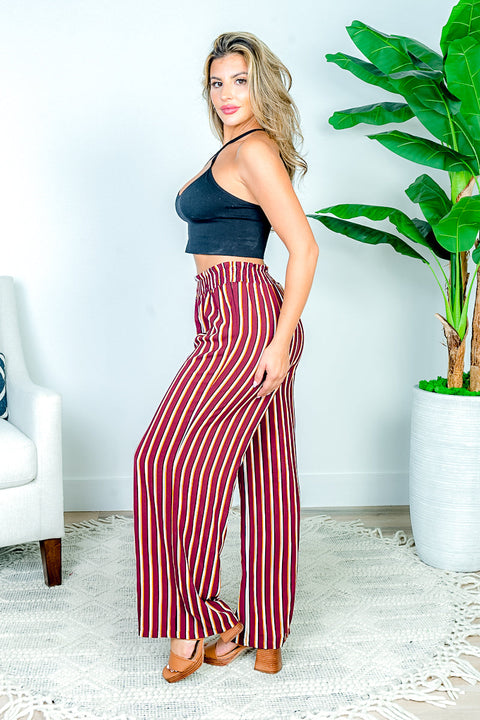 Multi Color Pin Stripe Flare Leg Pants with Smocked Waist (EM4841) - Wholesale Fashion Couture 