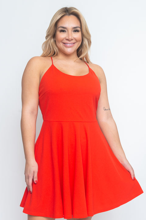Plus Size Halter Skater Mini Dress with Low Criss Cross Back and Full Lining (CD21144P) - Wholesale Fashion Couture 