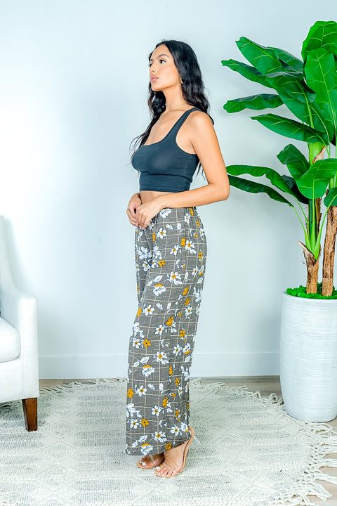 Beige Floral Herringbone Plaid Print Flare Pants (B8FP1012) - Wholesale Fashion Couture 