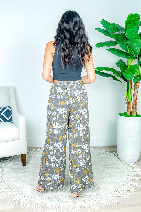 Beige Floral Herringbone Plaid Print Flare Pants (B8FP1012) - Wholesale Fashion Couture 