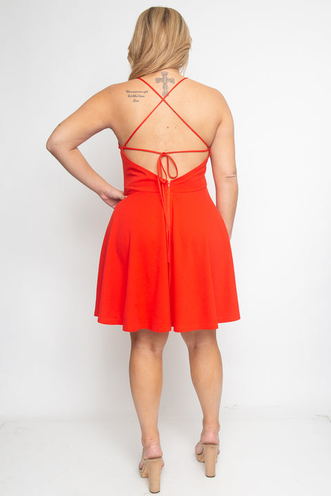 Plus Size Halter Skater Mini Dress with Low Criss Cross Back and Full Lining (CD21144P) - Wholesale Fashion Couture 