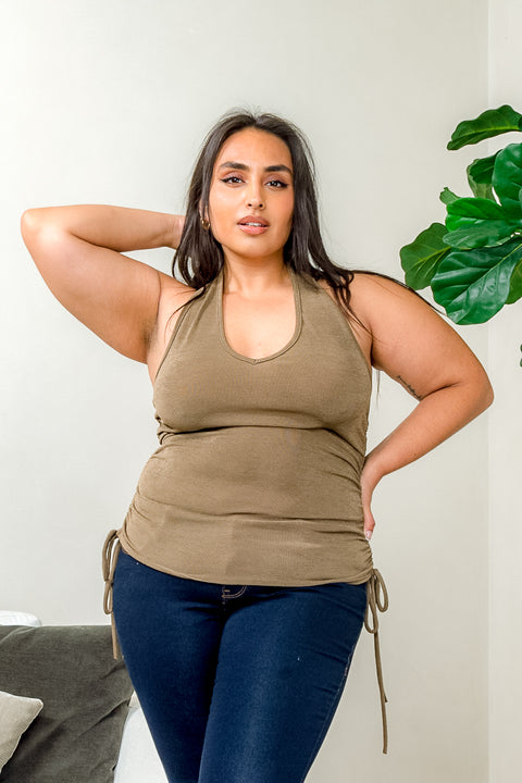 'Dancing Queen' Plus Size Sleeveless Halter Neck Top with Ruched Side Ties (ZA3890S) - Wholesale Fashion Couture 