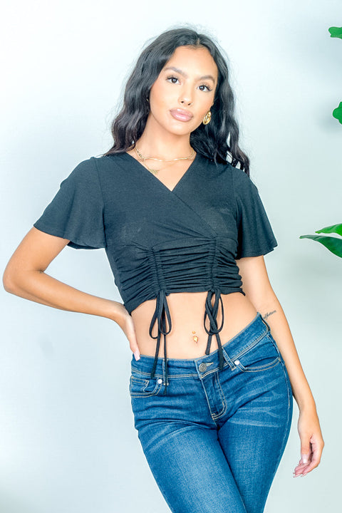 Surplice Top with Ruched Front, Double Drawstrings & Flutter Short Sleeves (Y21033) - Wholesale Fashion Couture 