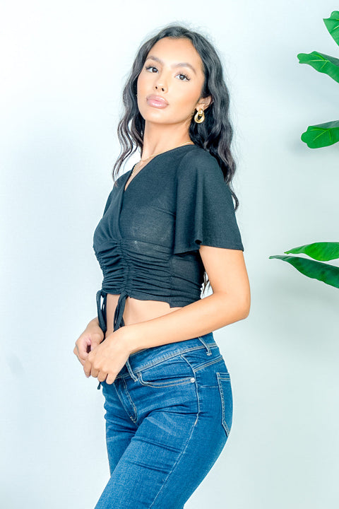 Surplice Top with Ruched Front, Double Drawstrings & Flutter Short Sleeves (Y21033) - Wholesale Fashion Couture 