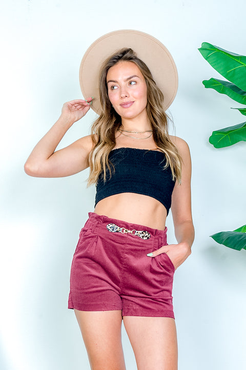 Paperbag Waist Corduroy Mini Shorts with Box Pleat, Leopard Print and Belt Loops (HSP6494) - Wholesale Fashion Couture 