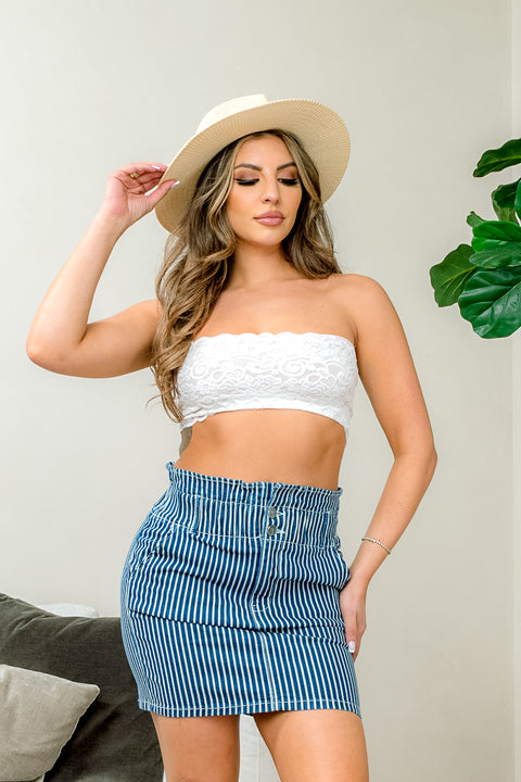 Pin Striped Chambray Denim Paperbag Waist Midi Skirt with 2 Button Zip Fly Closure and Slant Pockets in Blue & White (F-1053SK) - Wholesale Fashion Couture 