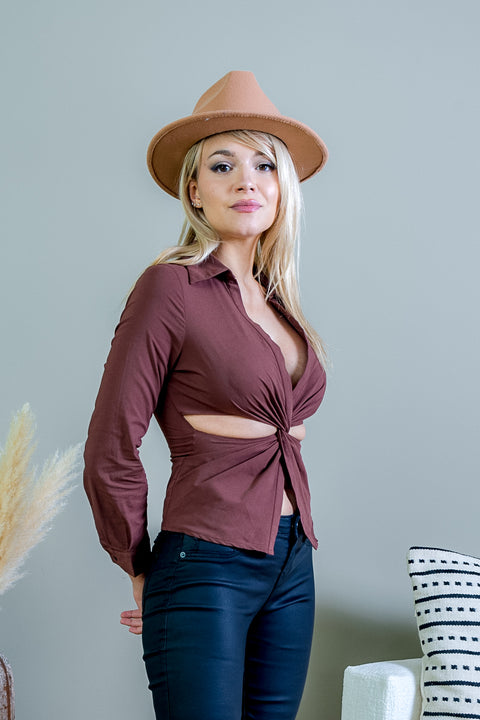 Twist Front Sassy Slit Long Sleeve Collar Shirt (10169TM) - Wholesale Fashion Couture 