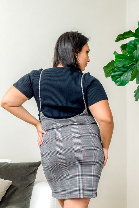 Plus Size Classic Houndstooth Plaid Spaghetti Strap Suspender Mini Dress with Thigh Slit in Grey (ZA3640F) - Wholesale Fashion Couture 