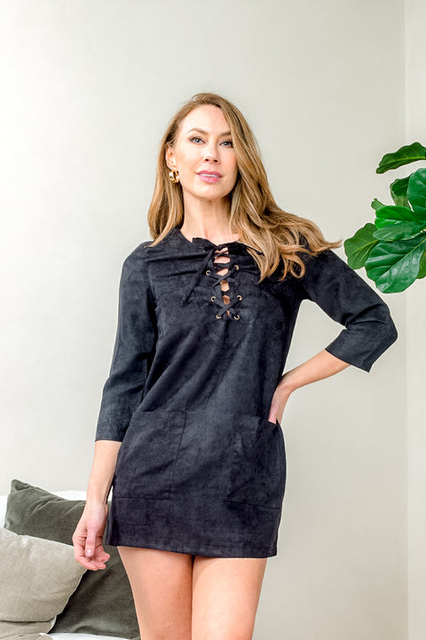 Plush Velvet 3/4 Sleeve Mini Dress with Lattice Tie Up Front and Patch Pockets (VID8238) - Wholesale Fashion Couture 