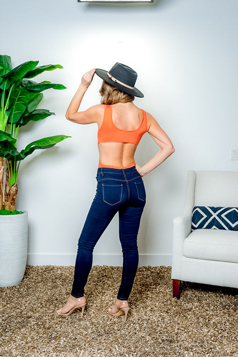 Sleeveless Scoop Neck Snap Crotch Bodysuit with Side Cut Outs in Orange (BT90303) - Wholesale Fashion Couture 