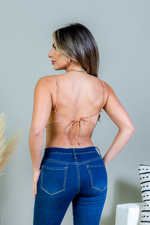 Satin Spaghetti Strap Triangle Cup Crop Top with Asymmetrical Hem in Clay (10061TY) - Wholesale Fashion Couture 