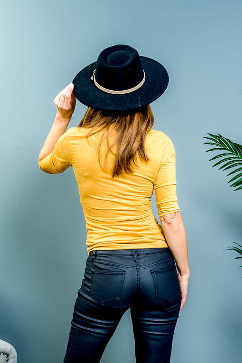 Suede Soft 3/4 Sleeve V Neck Surplice Top with Ruched Sides in Goldenrod (ET1560) - Wholesale Fashion Couture 
