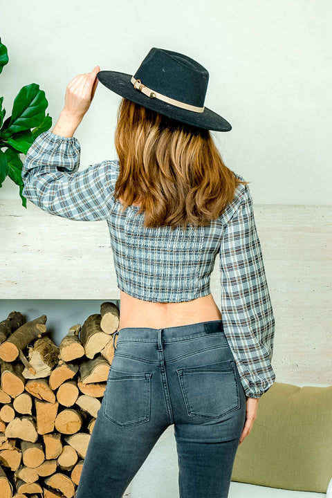 'My Fair Lady' Plaid Off Shoulder Long Sleeve Crop Top with Faux Button Front Decor (1005ITY) - Wholesale Fashion Couture 