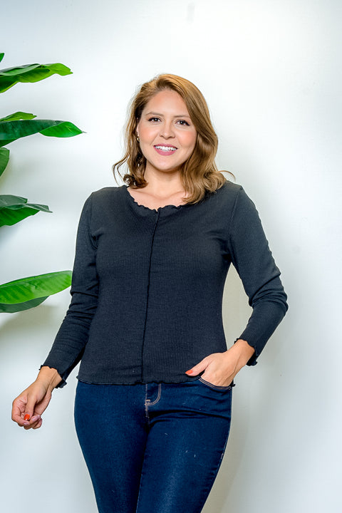 Plus Size Long Sleeve Lettuce Hemmed Jewel Neck Top in Black (ZA3770) - Wholesale Fashion Couture 