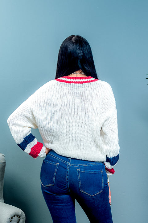 'Queen B' Varsity Style Cropped Rib Knit Button Down Cardigan with Contrast Striped Long Sleeves (90038WH) - Wholesale Fashion Couture 