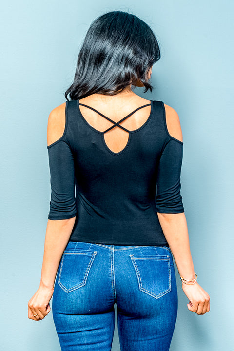 Cold Shoulder Opaque Elbow Length Sleeve Top with Strappy Back Detail (M1069) - Wholesale Fashion Couture 