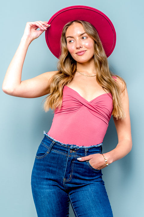 Bodysuit with Bustier Style Twist Detail and 1" Strap in Coral (3645RY) - Wholesale Fashion Couture 