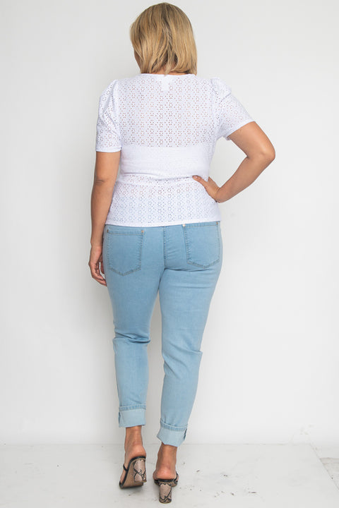 Plus Size Short Sleeve Plus Size Top (JT13947) White / ( 1XL- 2XL- 3XL- 2-2-2)