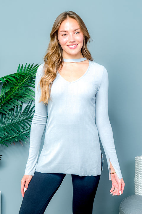 Split Cuffts Long Sleeve Vneck Chocker  (T2001KL) - Wholesale Fashion Couture inc