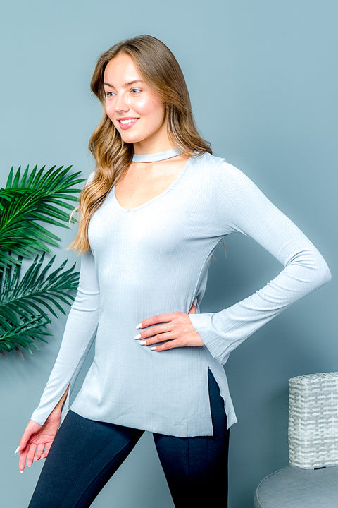 Split Cuffts Long Sleeve Vneck Chocker  (T2001KL) - Wholesale Fashion Couture inc