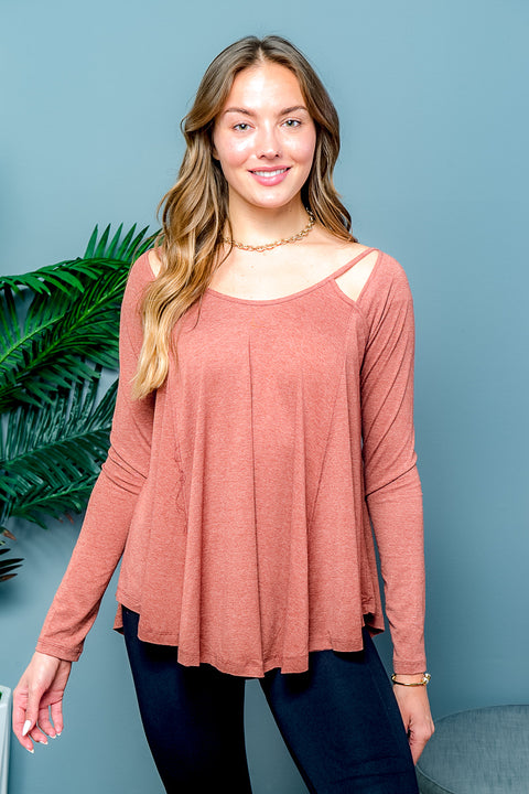 Relaxed Fit Long Sleeve Scoop Neck T-Shirt with Peek-a-Boo Shoulder Cutouts and Draped Round Hem (T5016KL) - Wholesale Fashion Couture 